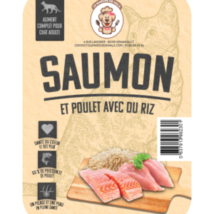 Etiquette sac croquette au saumon et poulet pour chat adulte