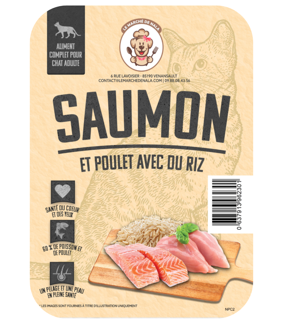Etiquette sac croquette au saumon et poulet pour chat adulte