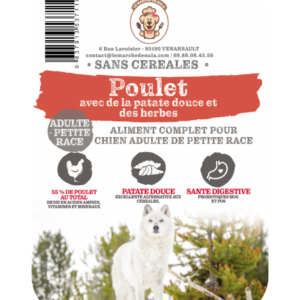 Etiquette sac croquette sans céréales au poulet pour chien adulte de petite taille