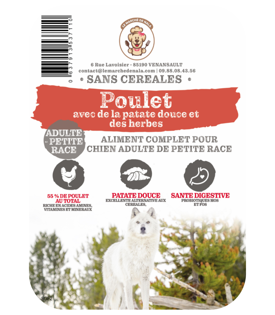 Etiquette sac croquette sans céréales au poulet pour chien adulte de petite taille