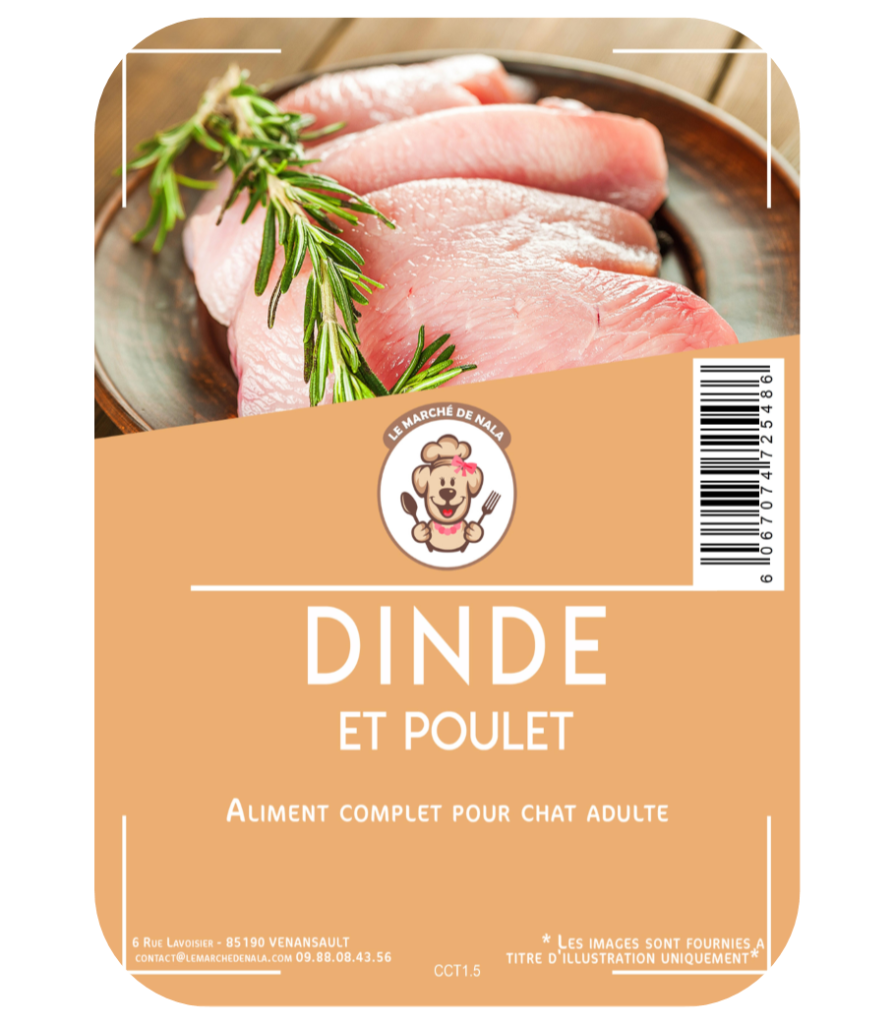 Etiquette sac croquette sans céréales dinde pour chat adulte