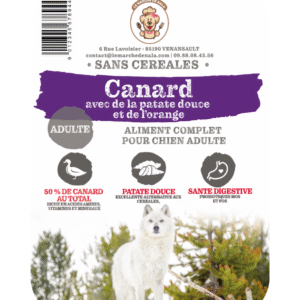 Etiquette du sac de la croquette Nala canard et patate douce pour chien adulte