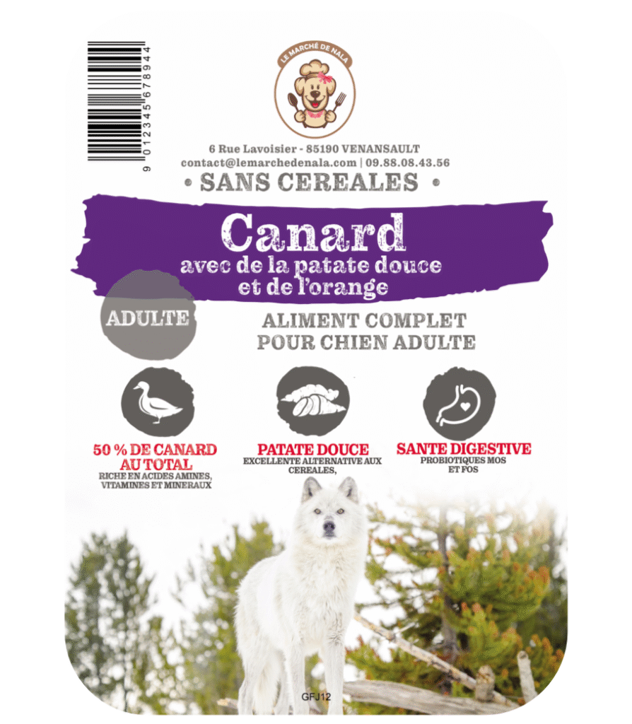 Etiquette du sac de la croquette Nala canard et patate douce pour chien adulte