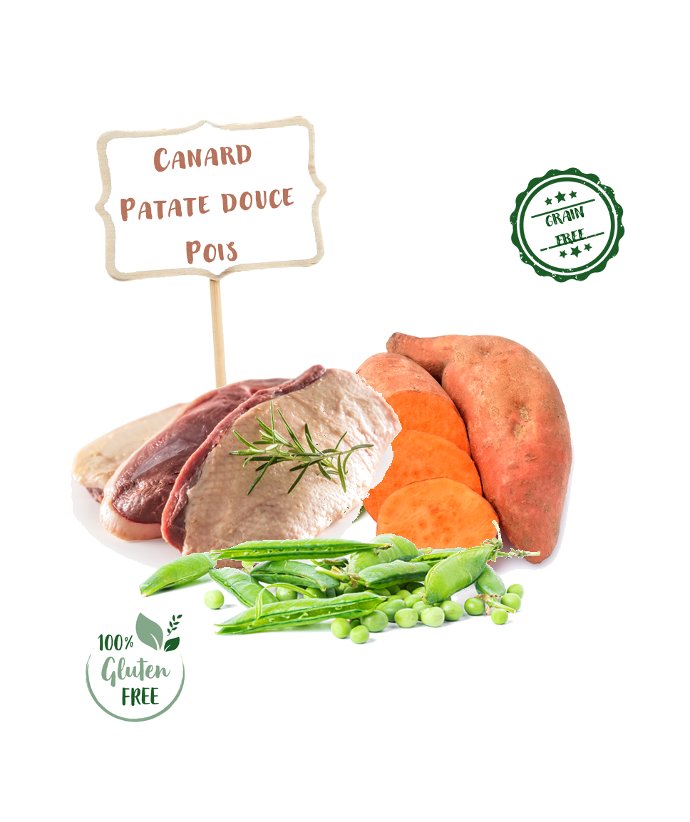 Ingrédients de la croquette Nala canard et patate douce pour chien adulte