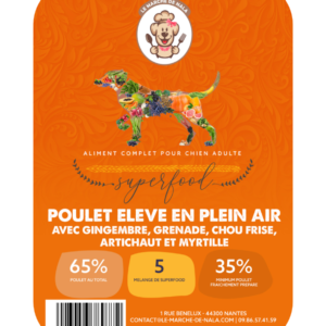 Etiquette sac de la recette de croquette Nala au poulet élevé en plein air pour chien adulte