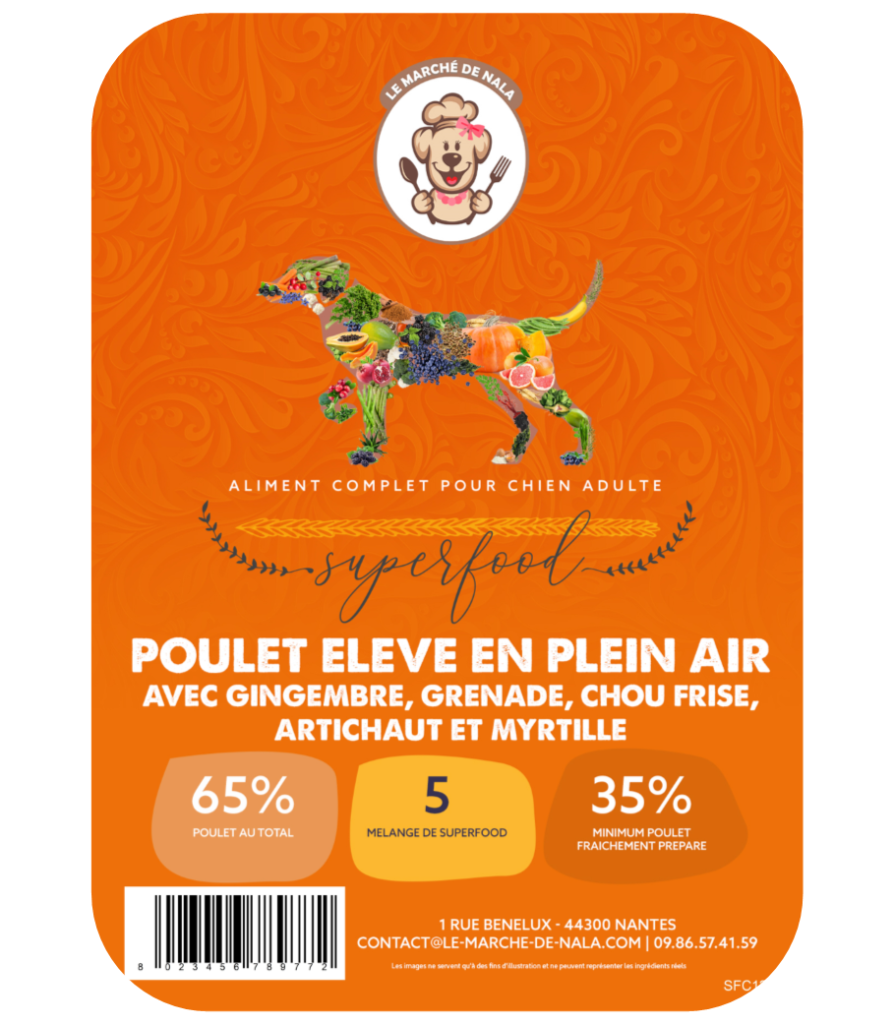 Etiquette sac de la recette de croquette Nala au poulet élevé en plein air pour chien adulte