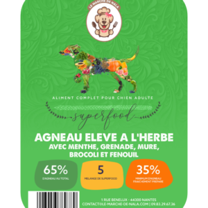 Etiquette sac de croquette Nala à l'agneau élevée à l'herbe pour chien adulte