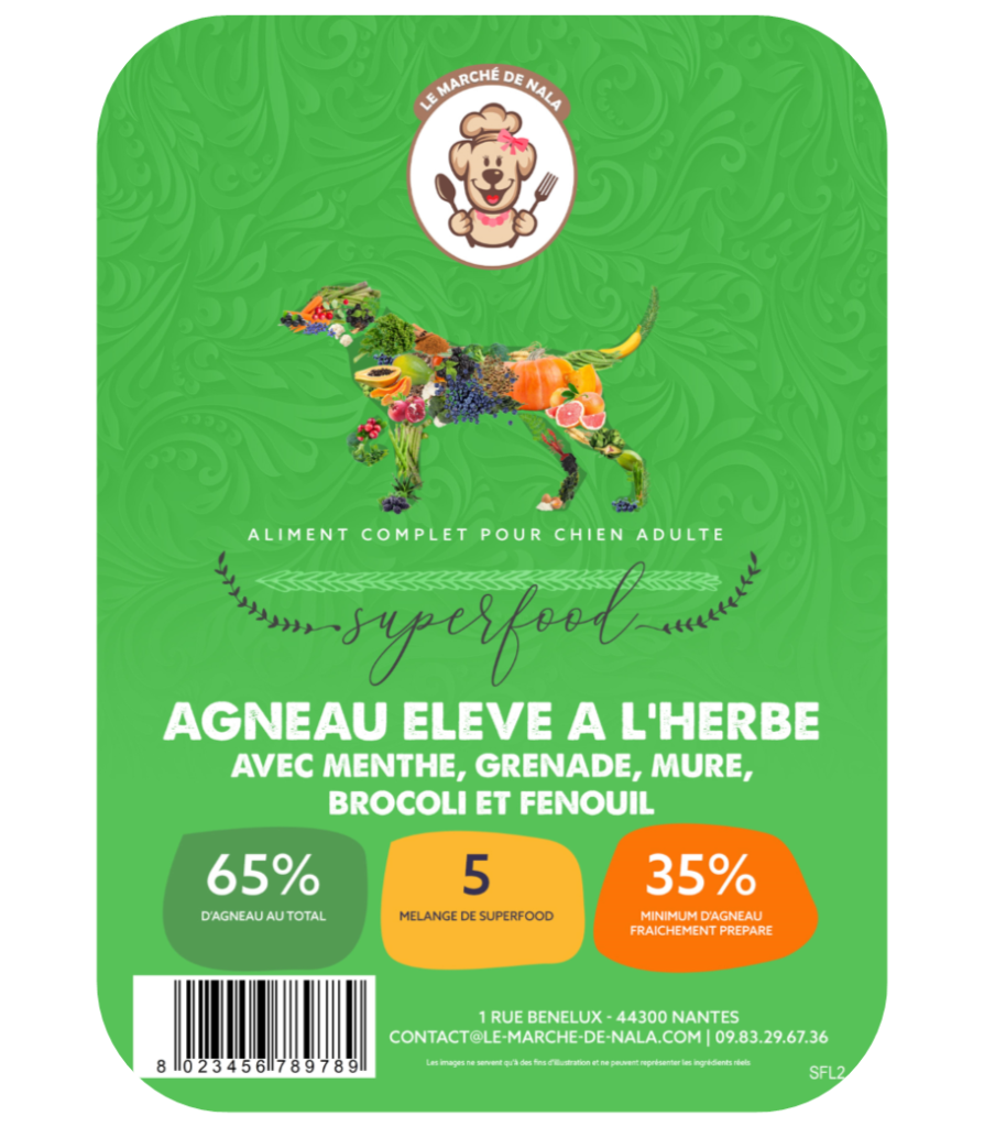Etiquette sac de croquette Nala à l'agneau élevée à l'herbe pour chien adulte
