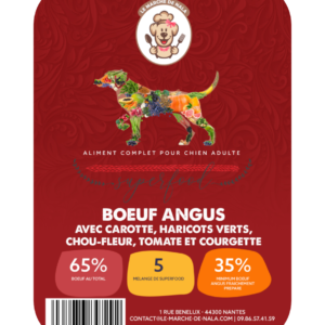 Etiquette du sac de la recette de croquette Nala au boeuf angus pour chien adulte