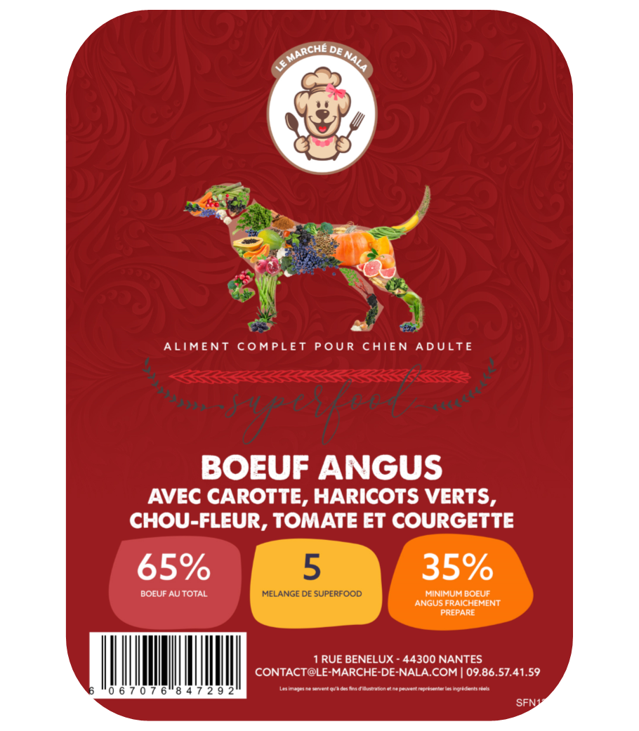 Etiquette du sac de la recette de croquette Nala au boeuf angus pour chien adulte