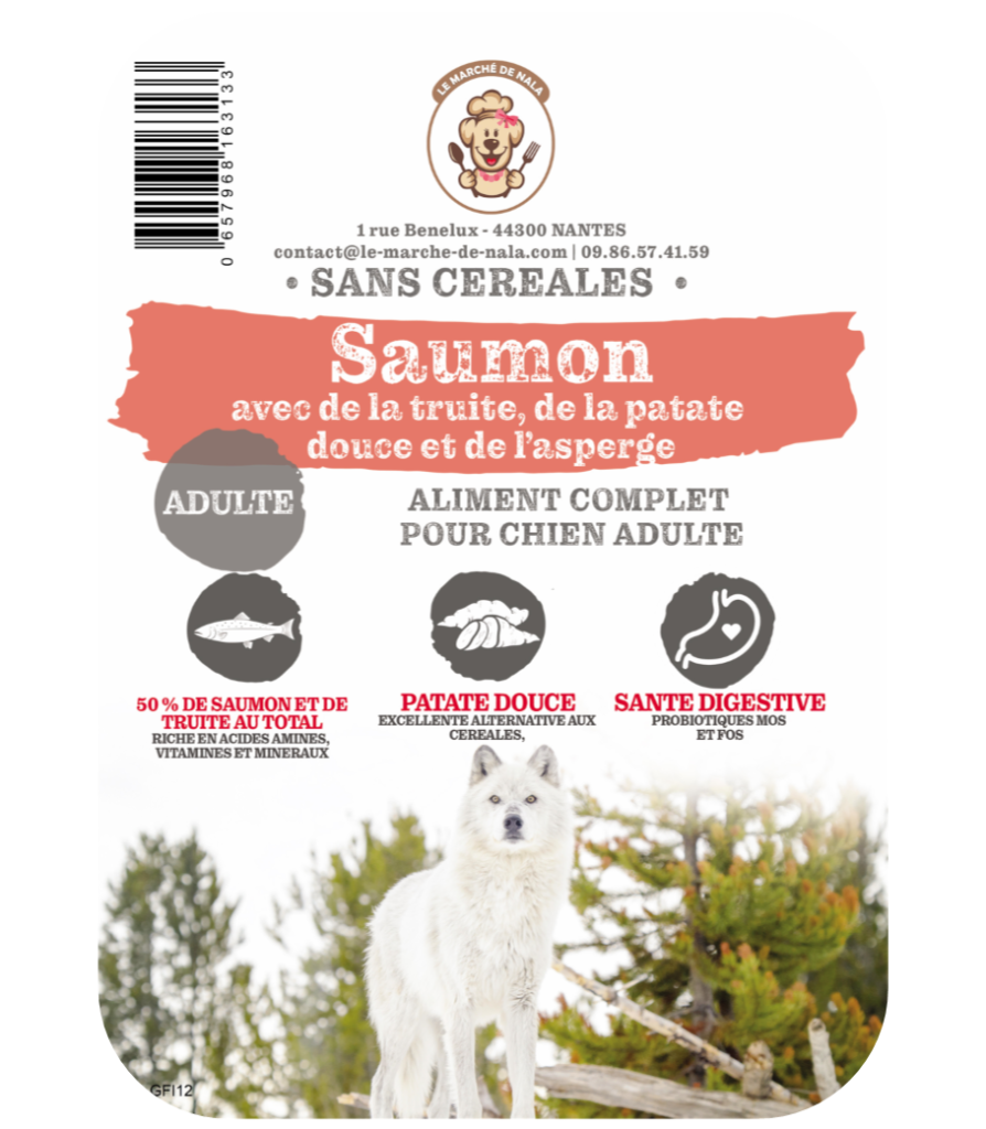 Etiquette du sac de la recette de croquette Nala à la truite et saumon pour chien adulte
