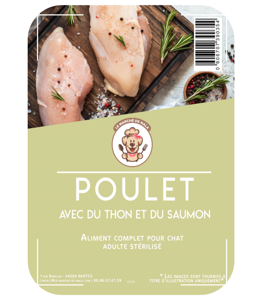Etiquette du sac de croquette Nala poulet avec thon et saumon pour chat adulte stérilisé