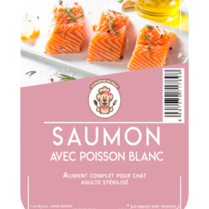 Etiquette du sac de croquette Nala saumon et poisson blanc pour chat adulte stérilisé