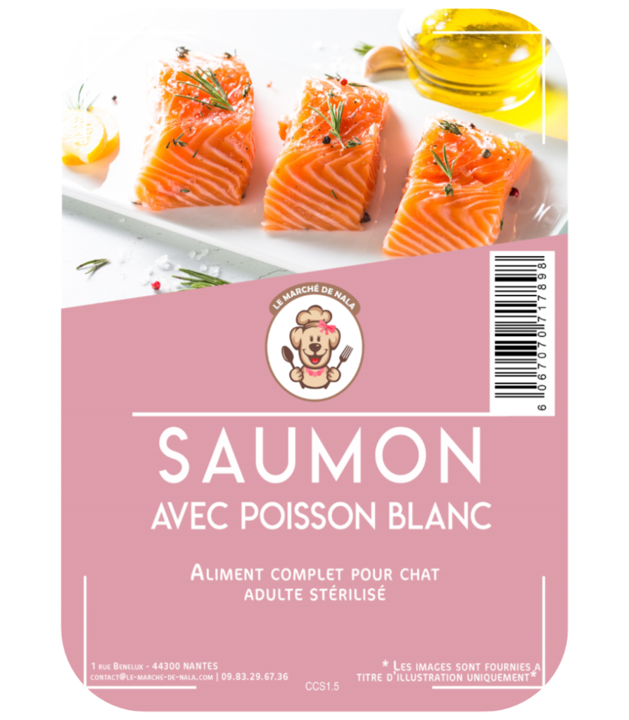 Etiquette du sac de croquette Nala saumon et poisson blanc pour chat adulte stérilisé
