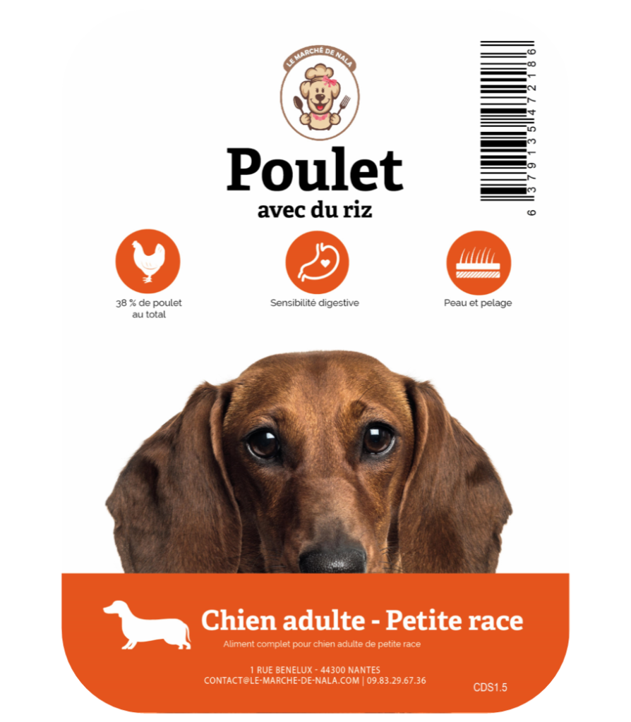 Etiquette du sac de la recette de croquette Nala au poulet et riz pour chien adulte de petite taille