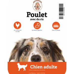 Etiquette du sac de la recette de croquette Nala au poulet et riz pour chien adulte de taille moyenne