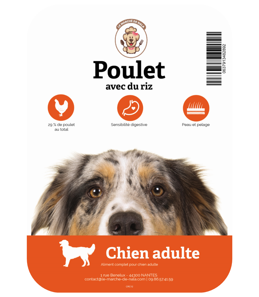 Etiquette du sac de la recette de croquette Nala au poulet et riz pour chien adulte de taille moyenne