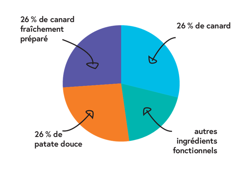 Proportion des différents ingrédients de la recette Nala de croquette au canard pour chien adulte de petite taille