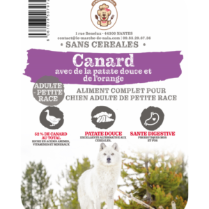 Etiquette du sac de la recette de croquette Nala au canard pour chien adulte de petite taille