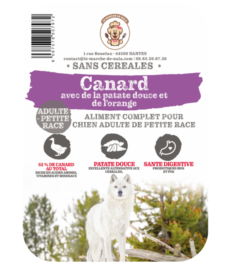 Etiquette du sac de la recette de croquette Nala au canard pour chien adulte de petite taille