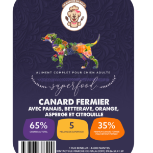 Etiquette du sac de croquette Nala canard fermier pour chien adulte
