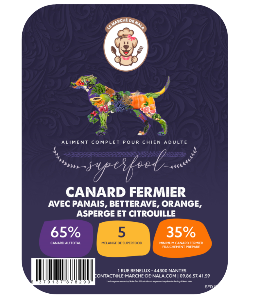 Etiquette du sac de croquette Nala canard fermier pour chien adulte