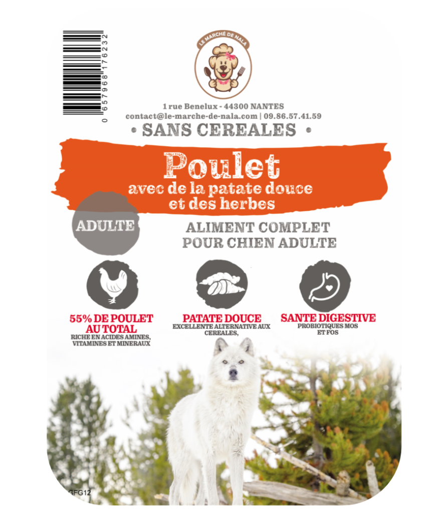 Etiquette du sac de la recette de croquette Nala au poulet pour chien adulte