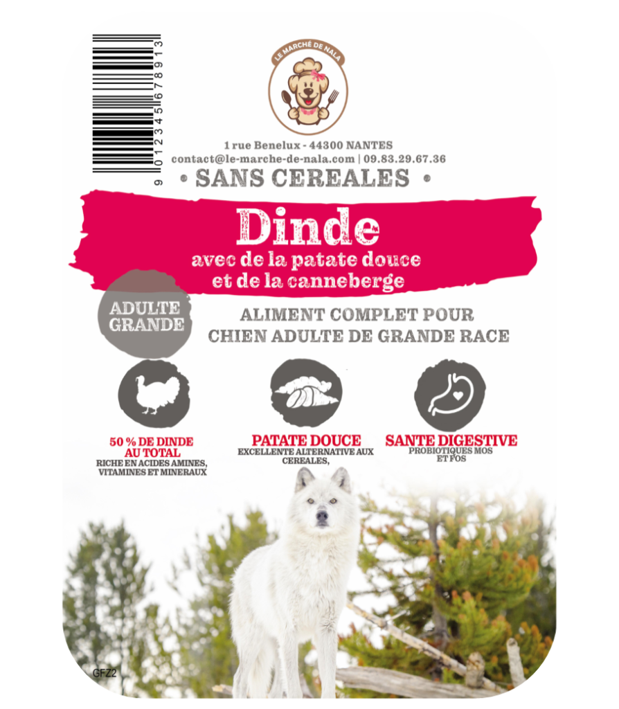 Etiquette sac de la recette de croquette Nala à la dinde pour chien adulte de grande taille