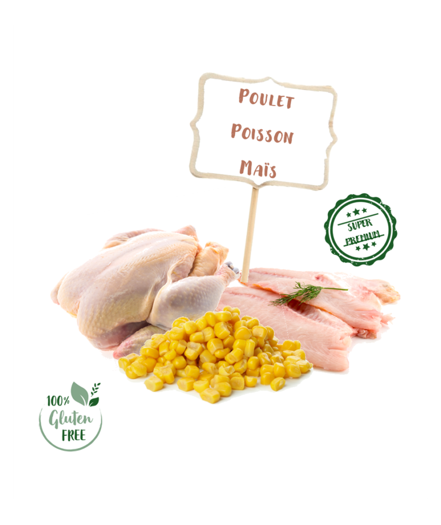 Ingrédients de la recette de croquette Nala au poulet poisson et riz pour chat âgé inactif ou stérilisé