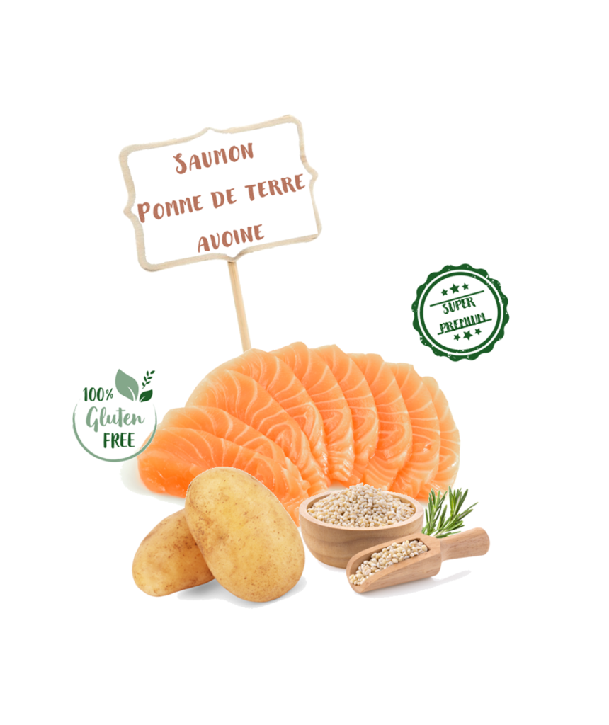 Ingrédients de la recette de croquette Nala au saumon et pomme de terre pour chiot de grande race