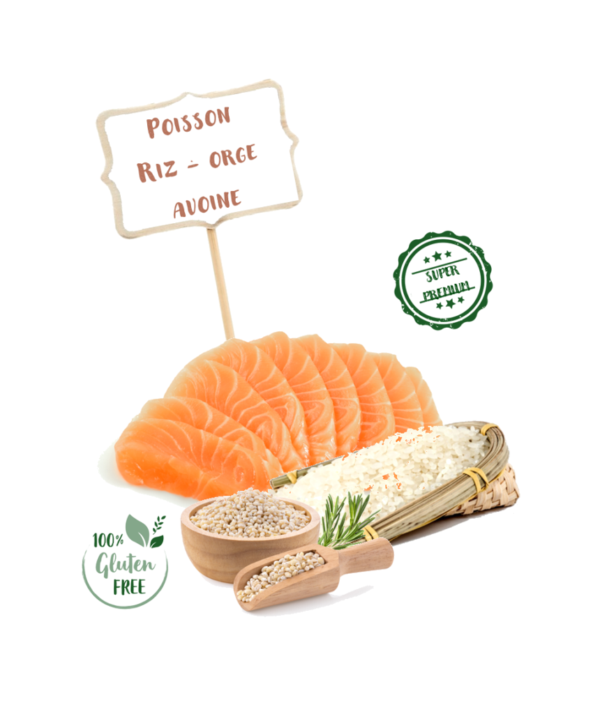 Ingrédients de la recette de croquette Nala au poisson et riz pour chien inactif ou âgé