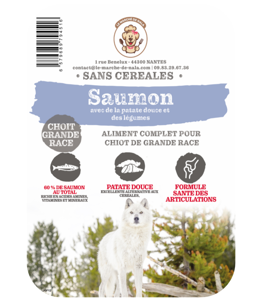 Etiquette du sac de la croquette Nala saumon pour chiot de grande race