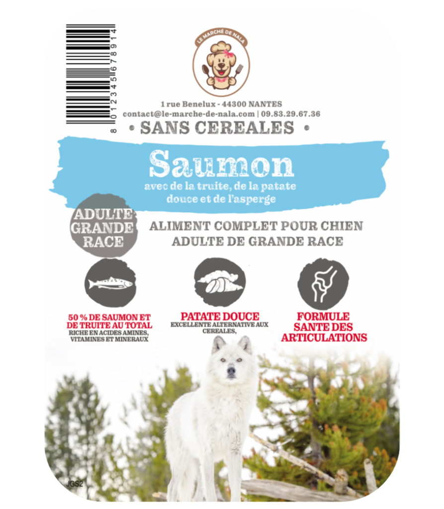 Etiquette sac de la recette de croquette Nala au saumon et truite pour chien adulte de grande taille