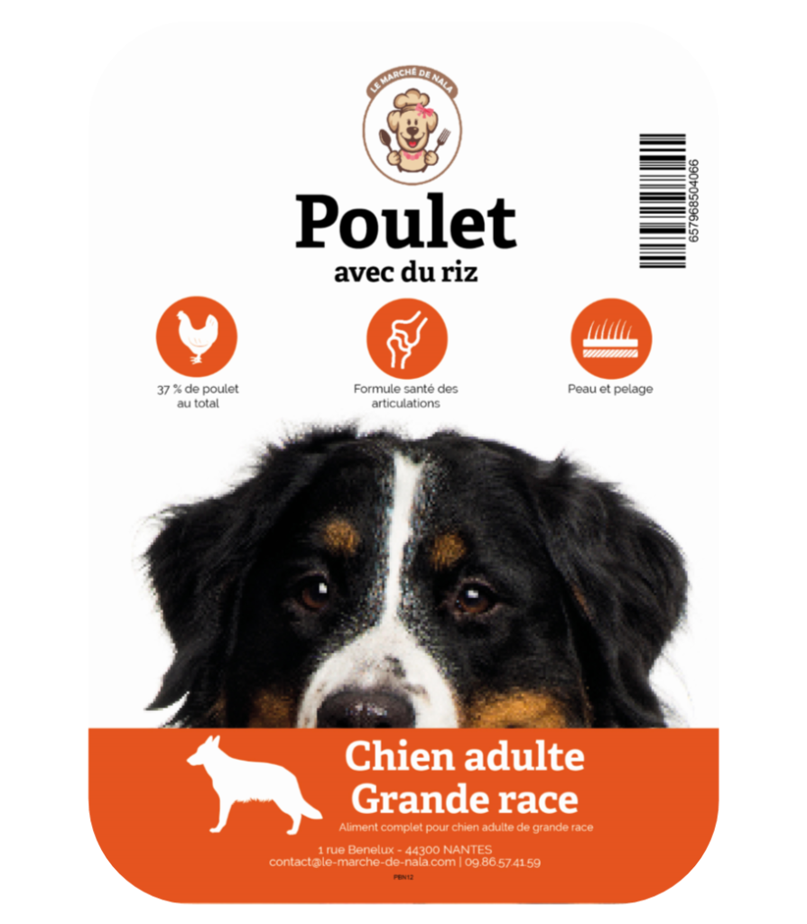 Etiquette sac de la recette de croquette Nala au poulet et riz pour chien adulte de grande race