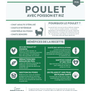 Composition de la recette de croquette Nala au poulet poisson et riz pour chat âgé inactif ou stérilisé
