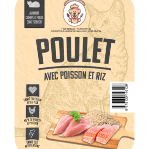 Etiquette du sac de la recette de croquette Nala au poulet poisson et riz pour chat âgé inactif ou stérilisé