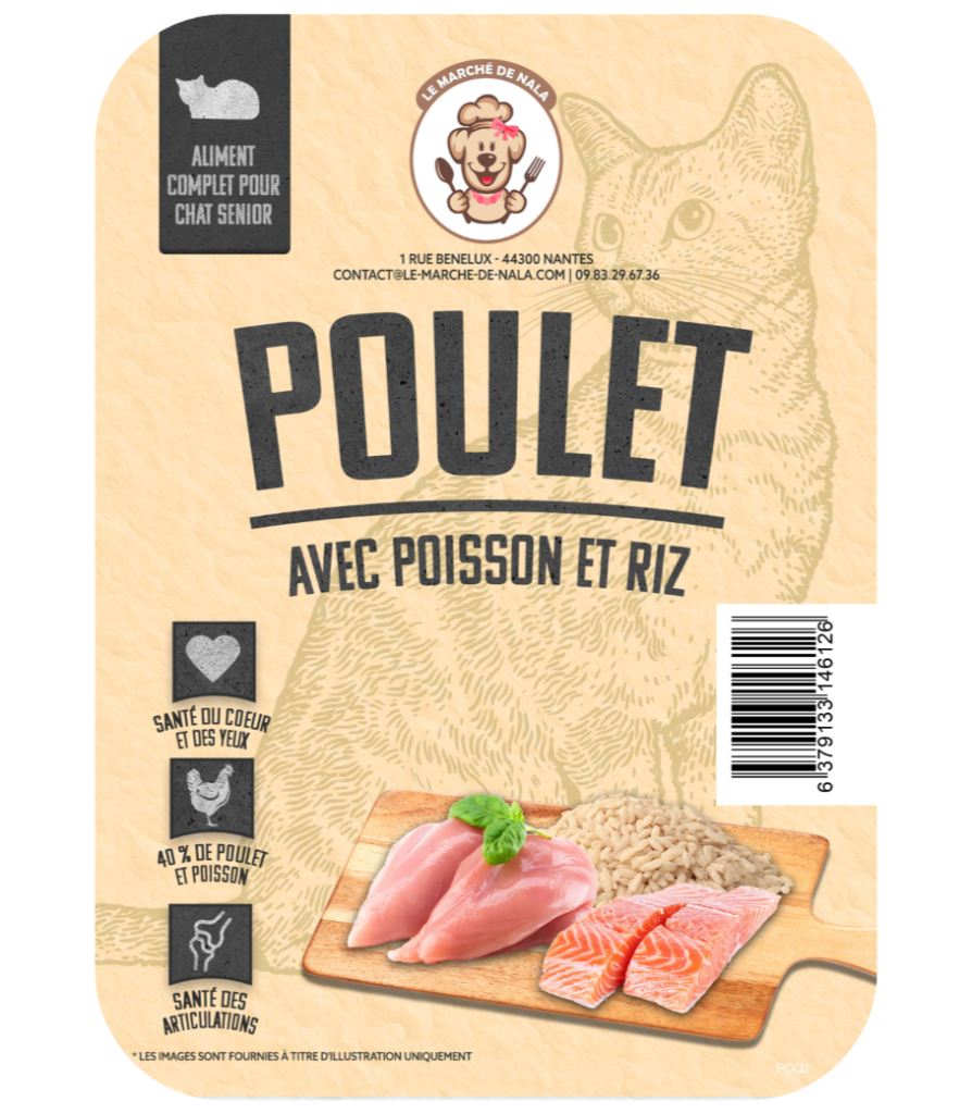 Etiquette du sac de la recette de croquette Nala au poulet poisson et riz pour chat âgé inactif ou stérilisé