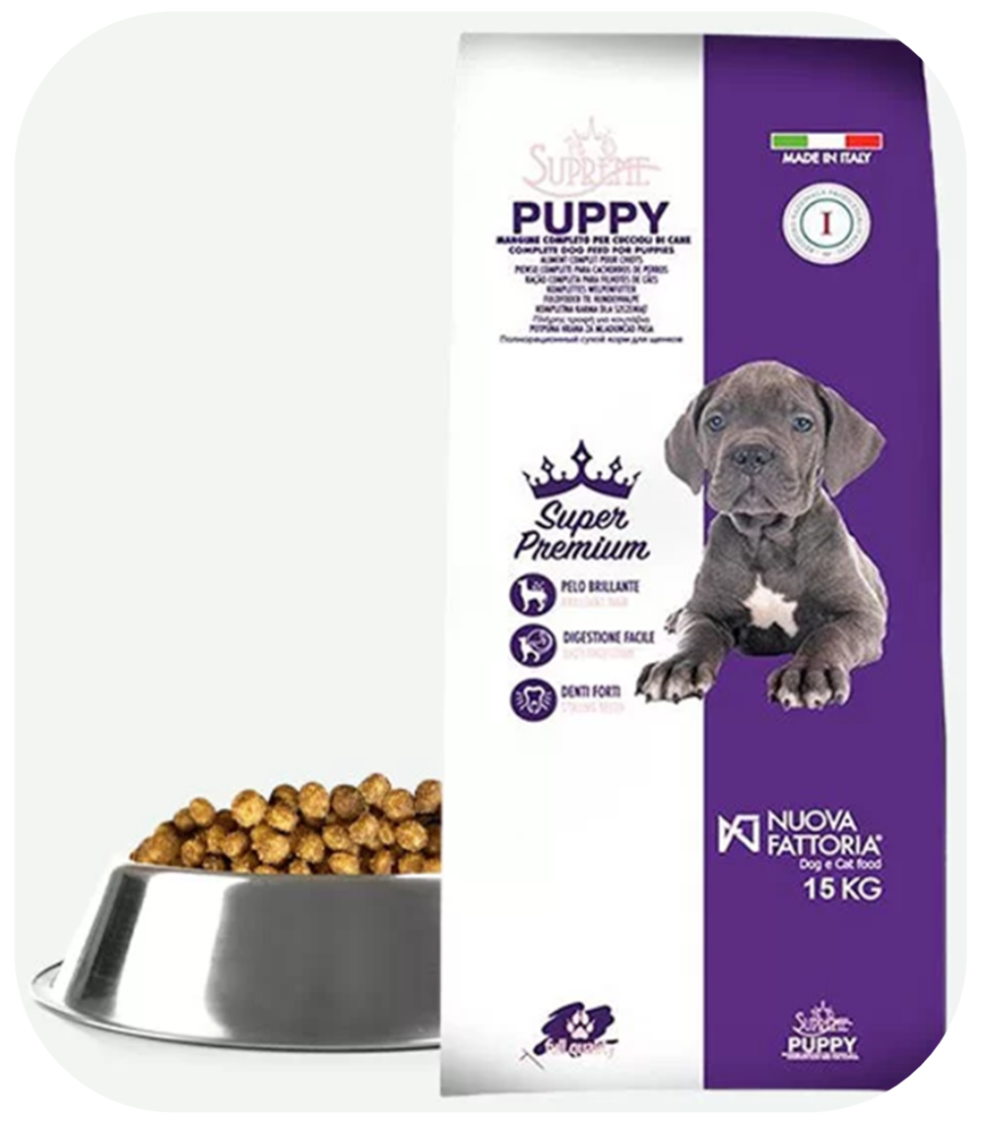 Etiquette du sac de la recette de croquette Suprême Puppy