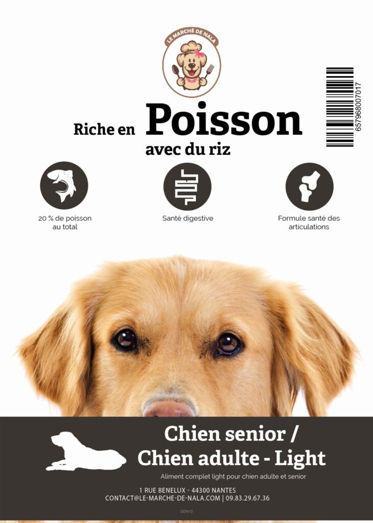 Etiquette du sac de la recette de croquette Nala au poisson et riz pour chien inactif ou âgé