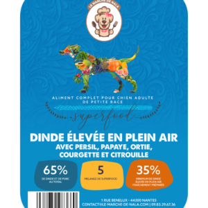 Etiquette du sac de croquette Nala dinde plein air pour chien adulte petite taille