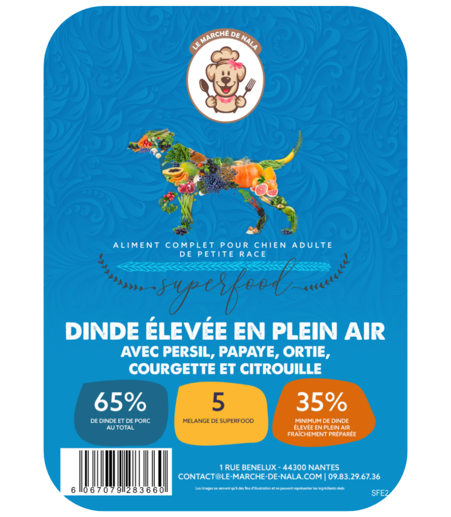 Etiquette du sac de croquette Nala dinde plein air pour chien adulte petite taille