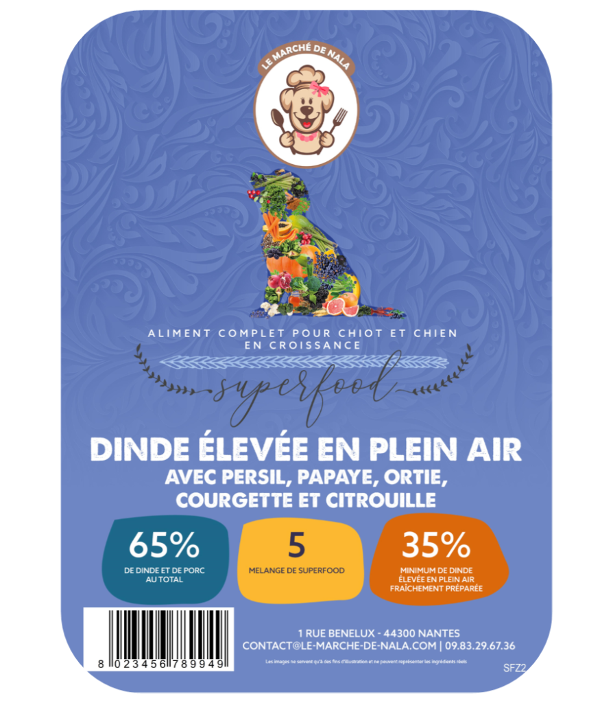 Etiquette du sac de croquette Nala dinde plein air pour chiot
