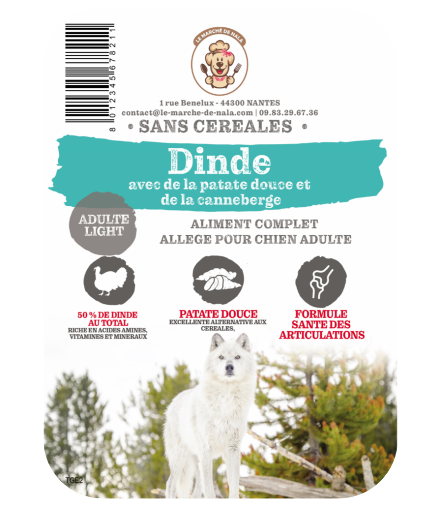 Etiquette sac de la recette de croquette Nala à la dinde pour chien adulte inactif
