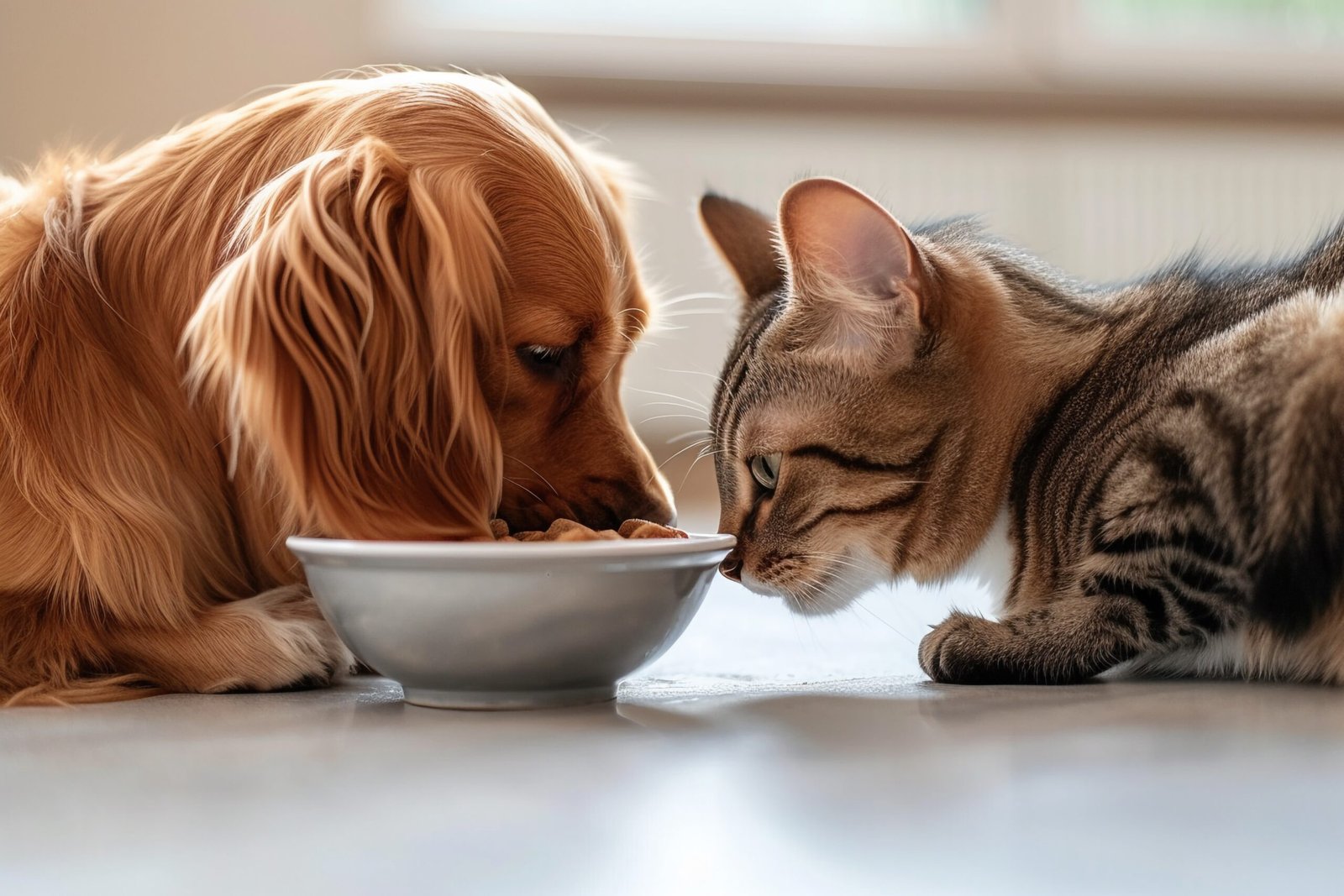 chien et chat devant une gamelle de croquette Nala