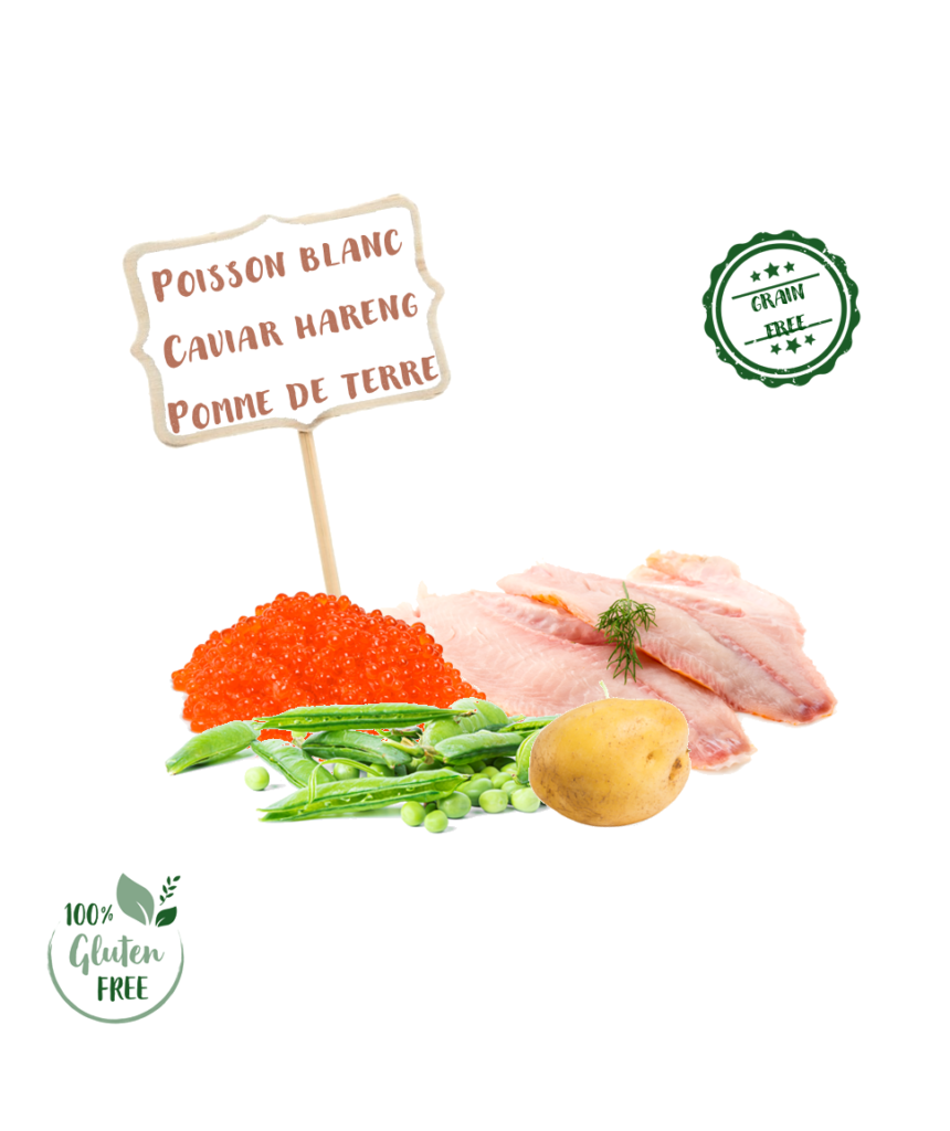 CCW - Ingrédients croquette recette au poisson blanc et caviar de hareng pour chat stérilsé