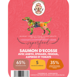 SFI - Etiquette sac Croquette Nala recette sans céréales au saumon d'Ecosse pour chien adulte petite race