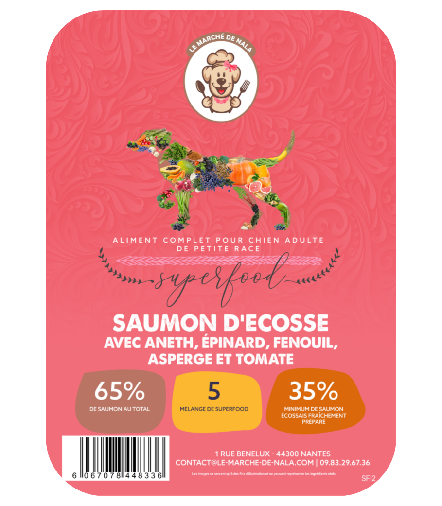 SFI - Etiquette sac Croquette Nala recette sans céréales au saumon d'Ecosse pour chien adulte petite race